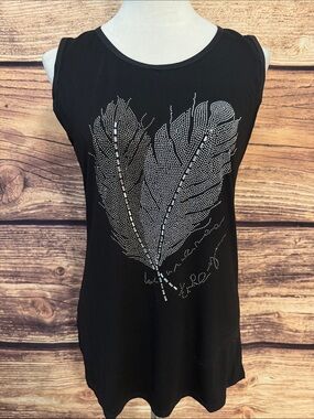 Sleeveless Black Tank Top with Sparkling Feather Motif